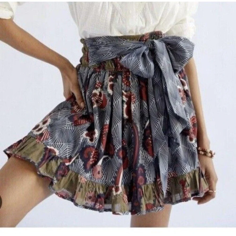 Anthropologie LET ME BE Floral Abstract Belted A-Line Mini Skirt Boho XS NWT